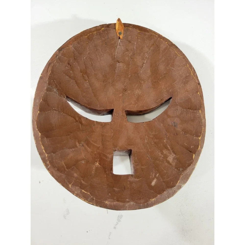 African Wooden Tribal Mask Round Face Black Brown Ghana Souvenir Wall Decor 11